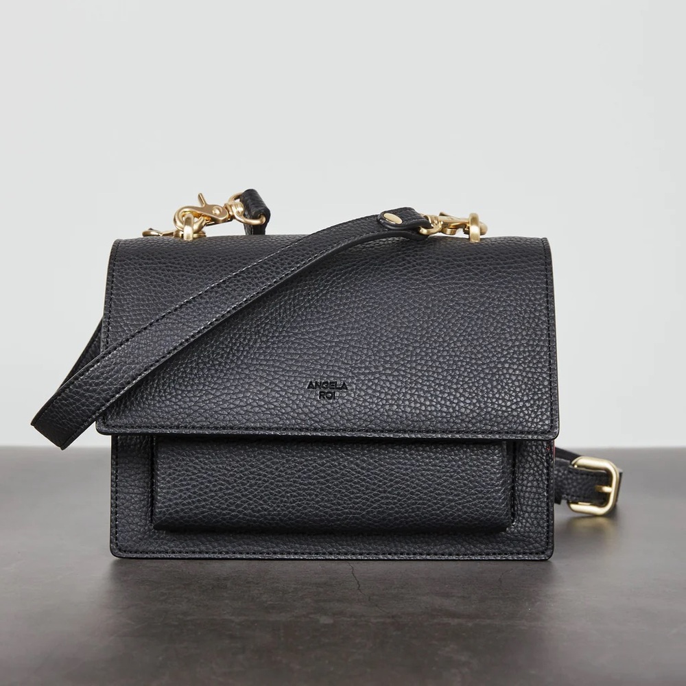 Angela Roi Black Textured Leather Satchel with Gold Hardware